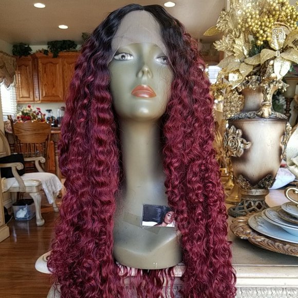 Ombre Black Burgundy Curly Lace Front Wig main image 6
